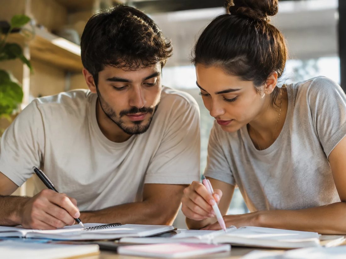 Mesa vista de cima com o esquema de um raciocínio rabiscado no papel